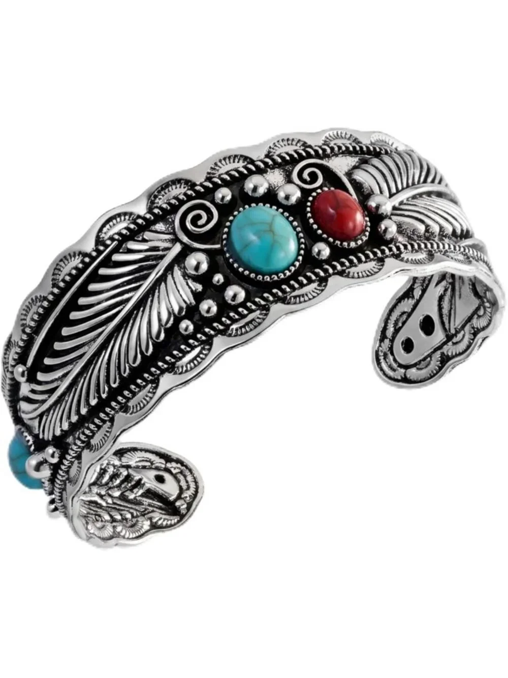 Turquoise Feather Cuff Bracelet - Adjustable Silver Boho Jewelry with Red